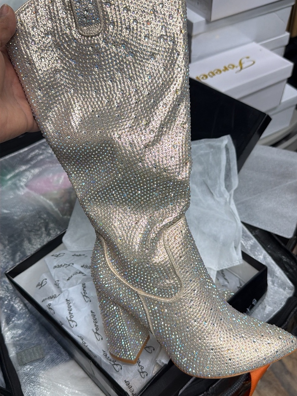 Forever 21 Sparkling Cream Rhinestone Knee-High Block Heel Boots